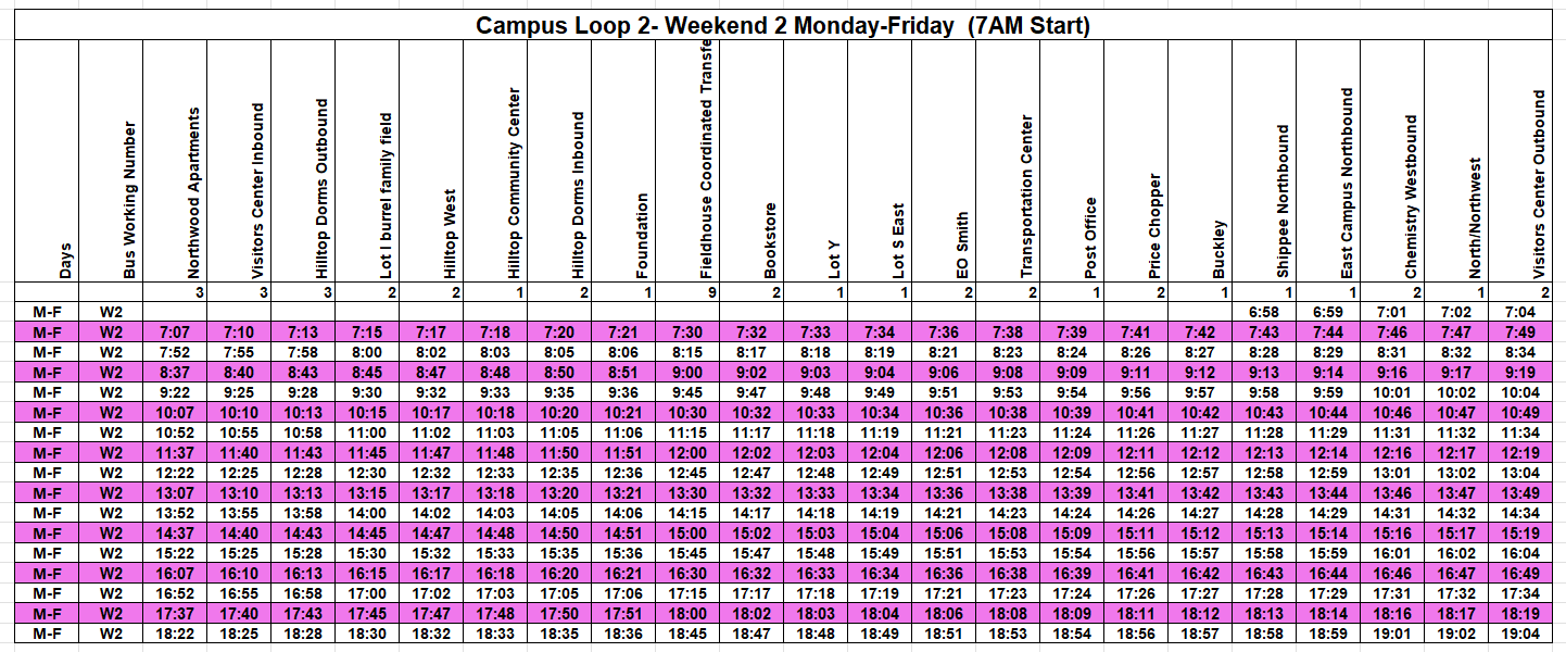 Campus Loop 2 Monday to Friday schedule