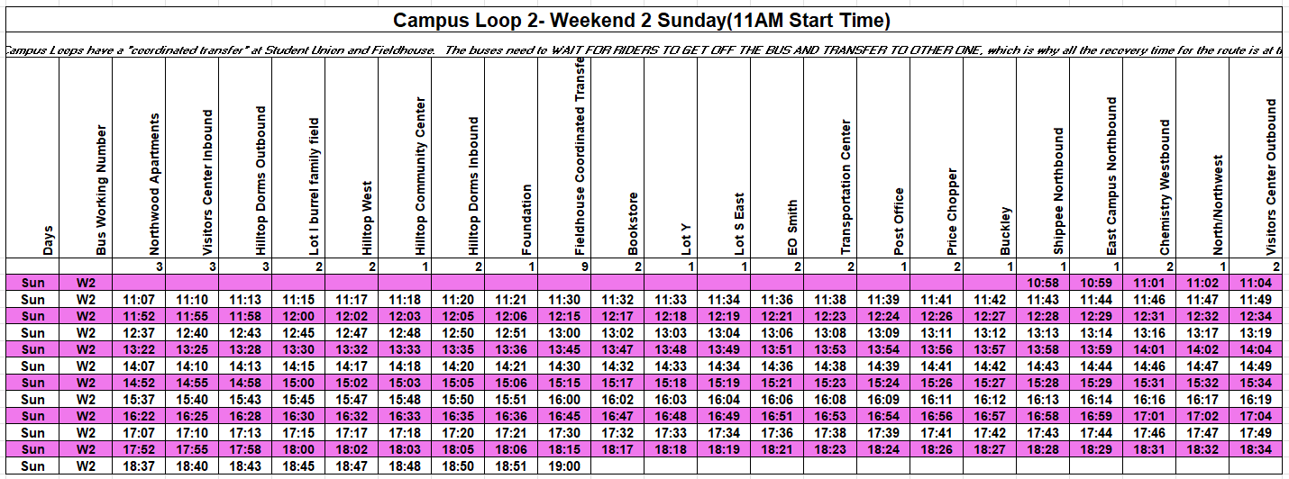 Campus Loop 2 Sunday schedule