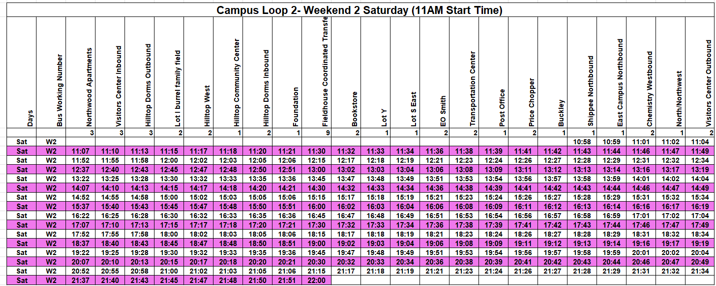 Campus Loop 2 Saturday schedule