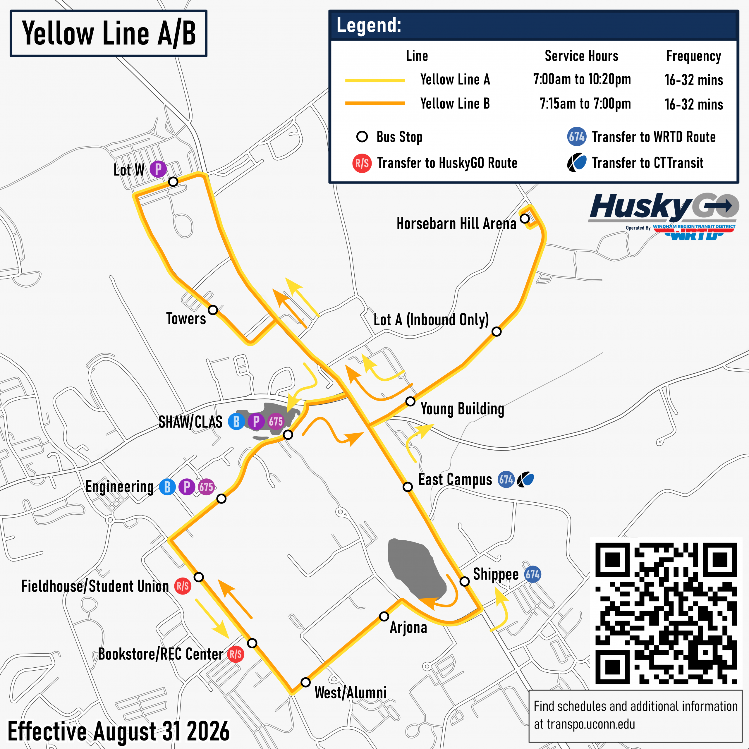 Yellow line route map, stops listed in the schedule below