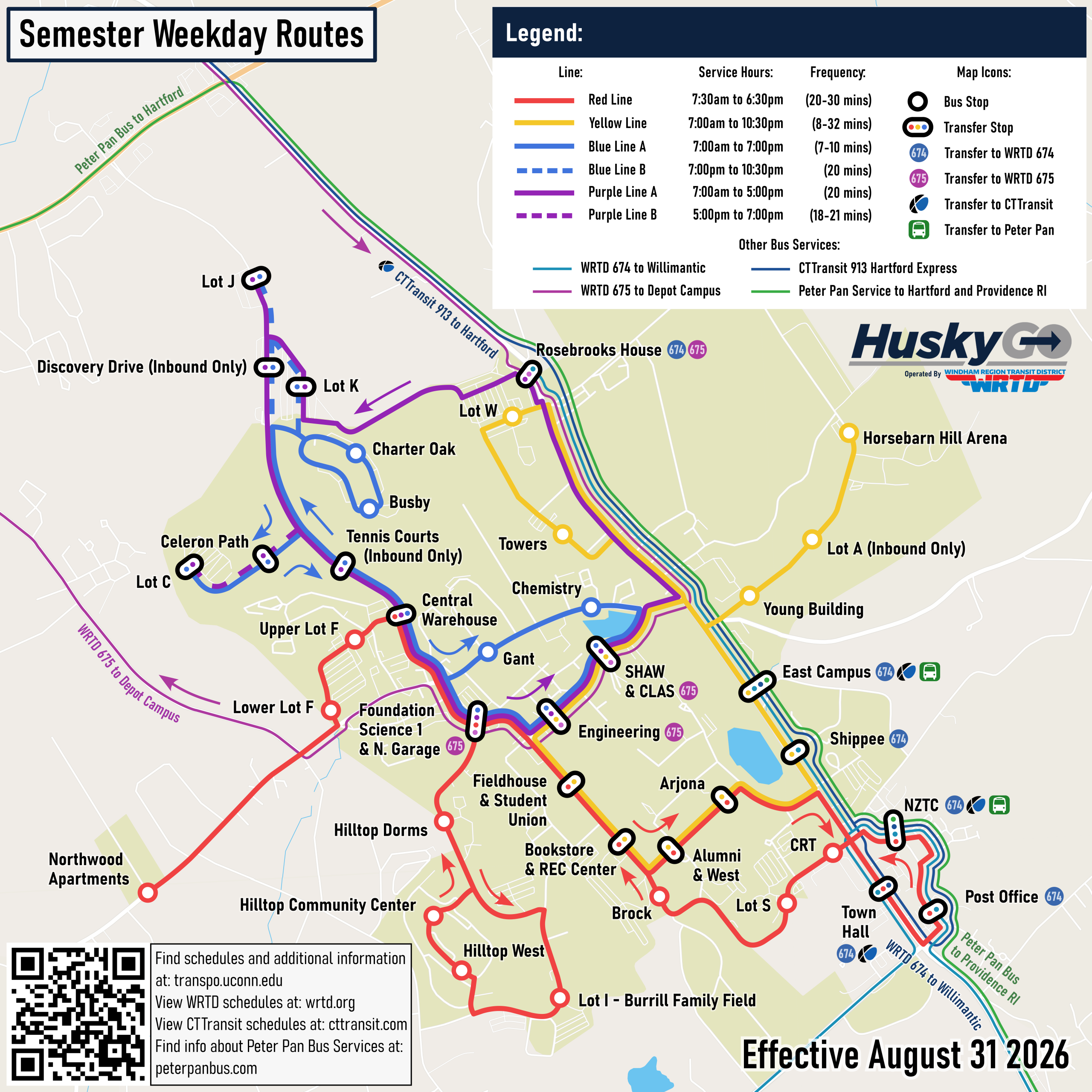 Weekday Service Route map - Exact schedules and stops can be found on dedicated route pages