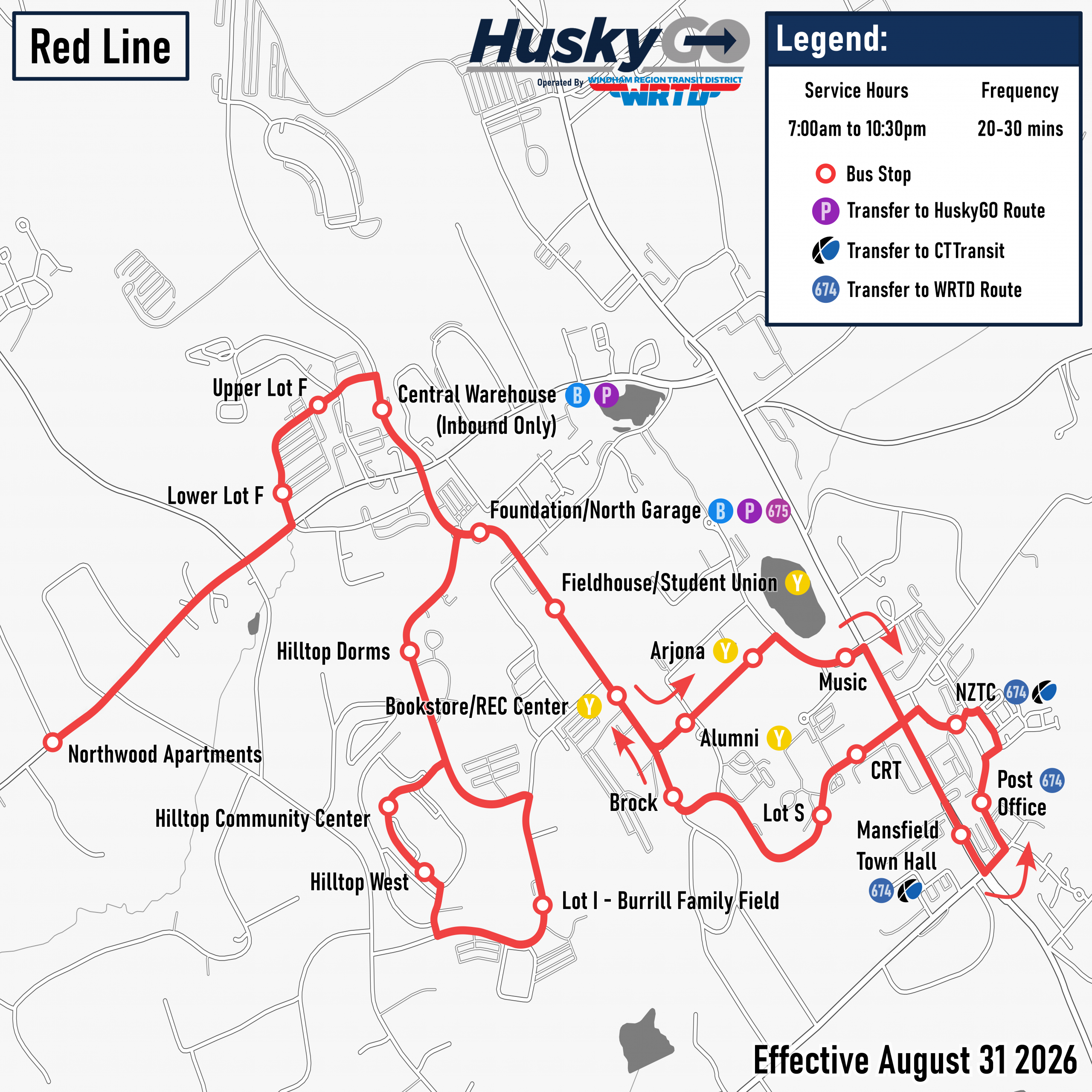 Red line route map, stops listed in the schedule below.